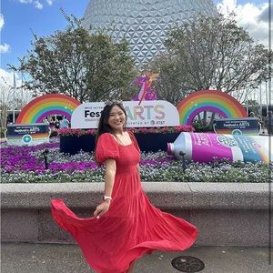 Women's Square Neck Short Puff Sleeve Smocked Flowy Tiered Midi Dress